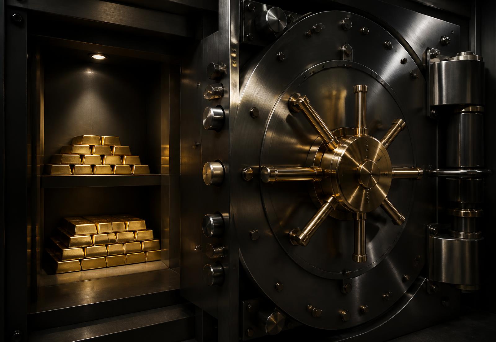 Open steel vault door with stacked gold bullion bars inside